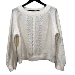 J Crew Point Sur Pointelle Cream Cable Knit Lace Detail Crew Sweater Women XL
